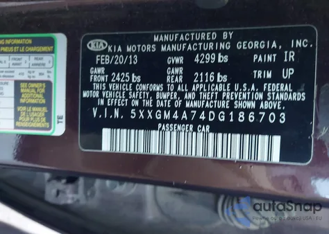 2013 Kia Optima Lx z USA, uszkodzony, nr VIN 5XXGM4A74DG186703